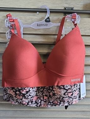 Kensie Coral Rust Longline Bralette with Floral Band 3 Pk